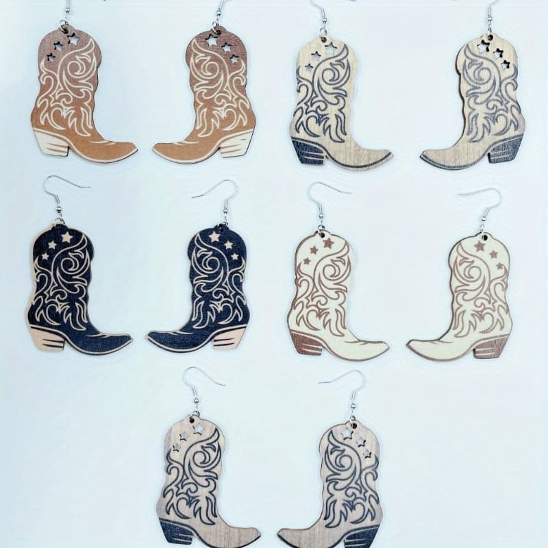 TEMU 5pairs/set Cowboy Boots Earring Western Earring Wild West Southwester Women's And Men's Wooden Earrings Ethnic Style