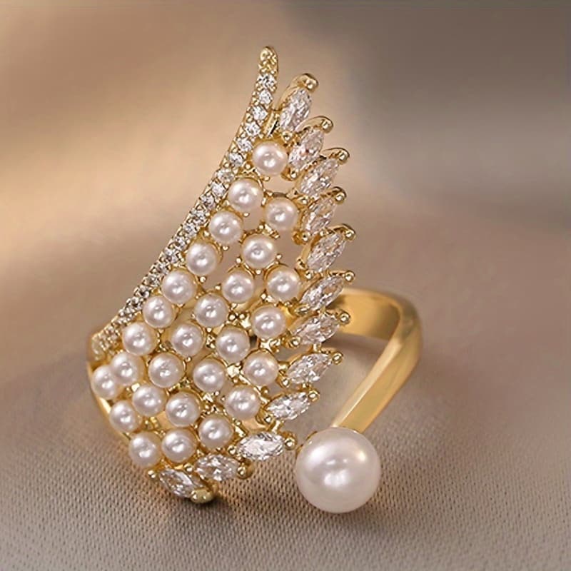 TEMU Elegant White Pearl Wing Ring - Luxurious Wrap Design With Sparkling Pearls, Weddings & Parties