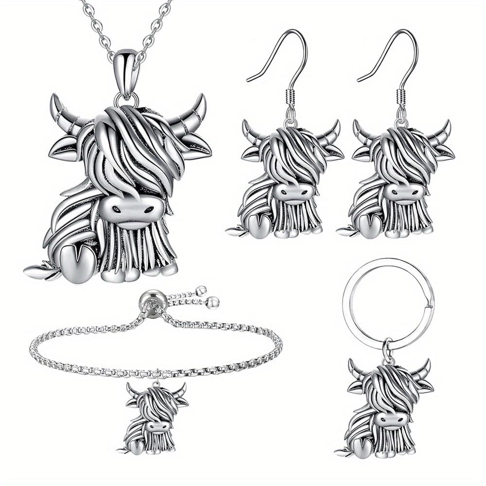 TEMU Fashion Retro Yak Animal Earrings Necklace Bracelet Keychain Four-piece Set, Send Birthday Christmas Gifts
