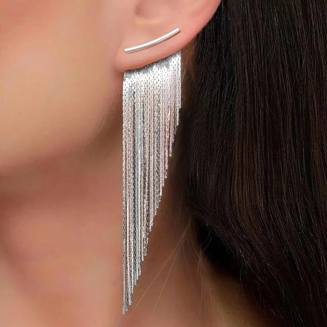 TEMU Retro Elegant Silvery Chain Tassel Dangle Earrings: Rated And Ideal As Jewelry For Female Pals, Best For Christmas