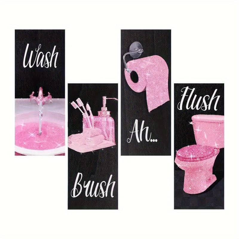 TEMU 4pcs, Wooden Bathroom Theme Wash With Double-sided Tape Hanging Sign Wall Decor Wall Art, Bar Cafe Decor, Door Decor, Living Room Bedroom Decor, Outdoor Courtyard Decor, Party Decor