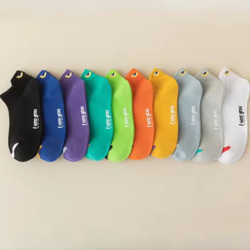 TEMU 10 Pairs Fashion Mesh Summer Cute Cartoon Eyes Embroidered Sweat Absorbent Breathable Men Low Cut Ankle Knitted Boat Socks