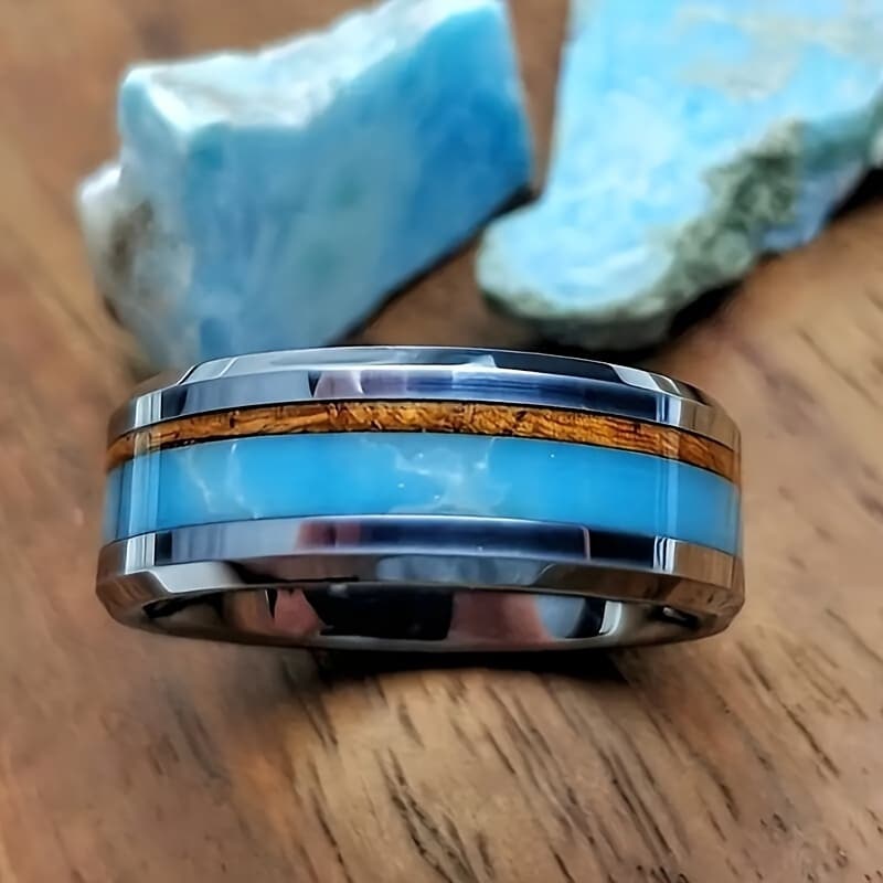 TEMU Men's Fashionable Steel Ring, Set With Turquoise Wood Pattern Ring, Men's Birthday Party Gift Jewelry