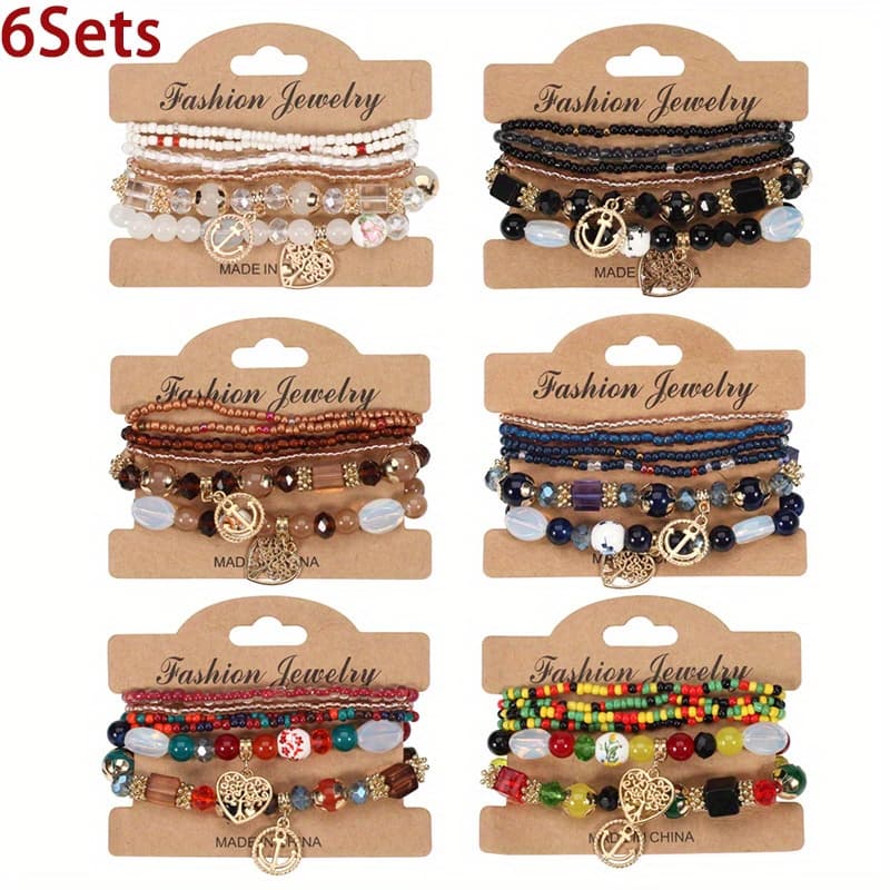 TEMU 6sets New Arrival Bohemian Stackable Bead Bracelets For Women, Adjustable Life Tree Stretch Bracelets, Boho Tassel Bracelet Set Bead Strand Bangle Charm Bracelets