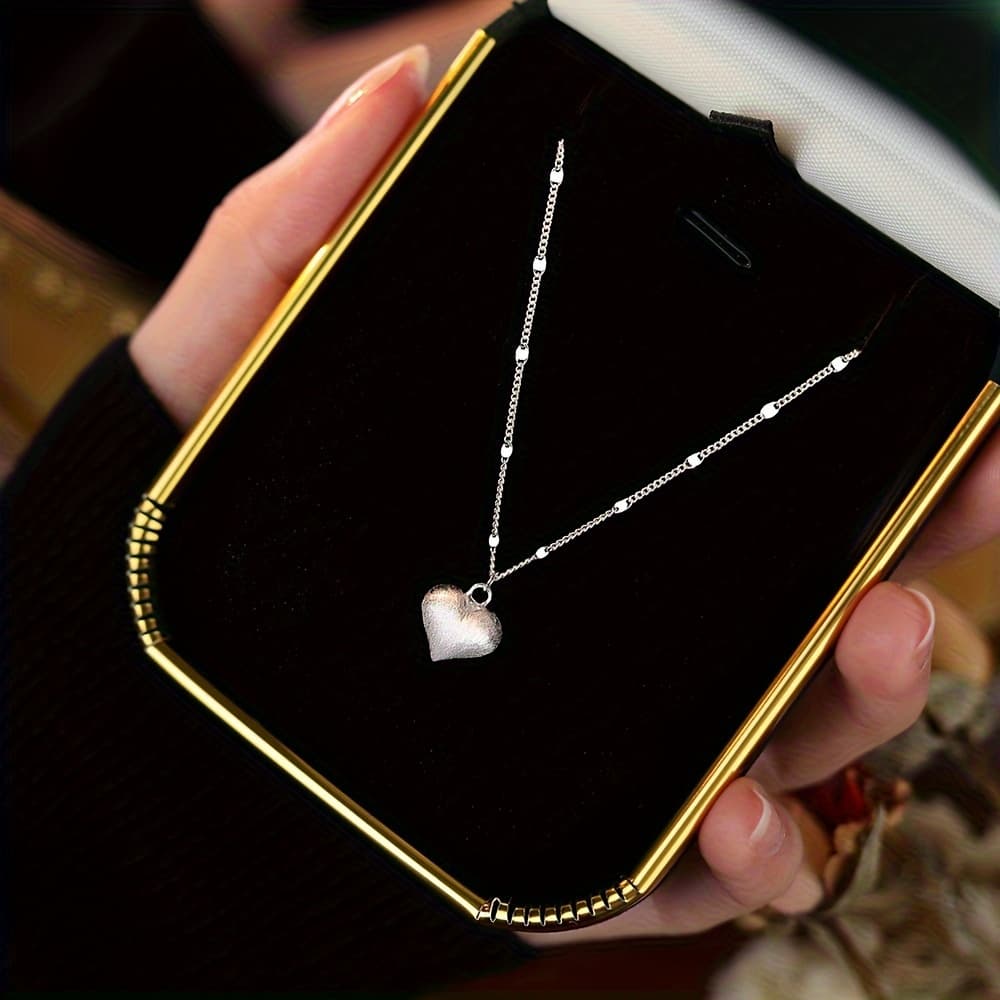 TEMU Minimalist 925 Sterling Silver Wire-drawn Heart Pendant Necklace With , High-end And Versatile, , Collarbone Chain Accessory, Gift For Womengift Box