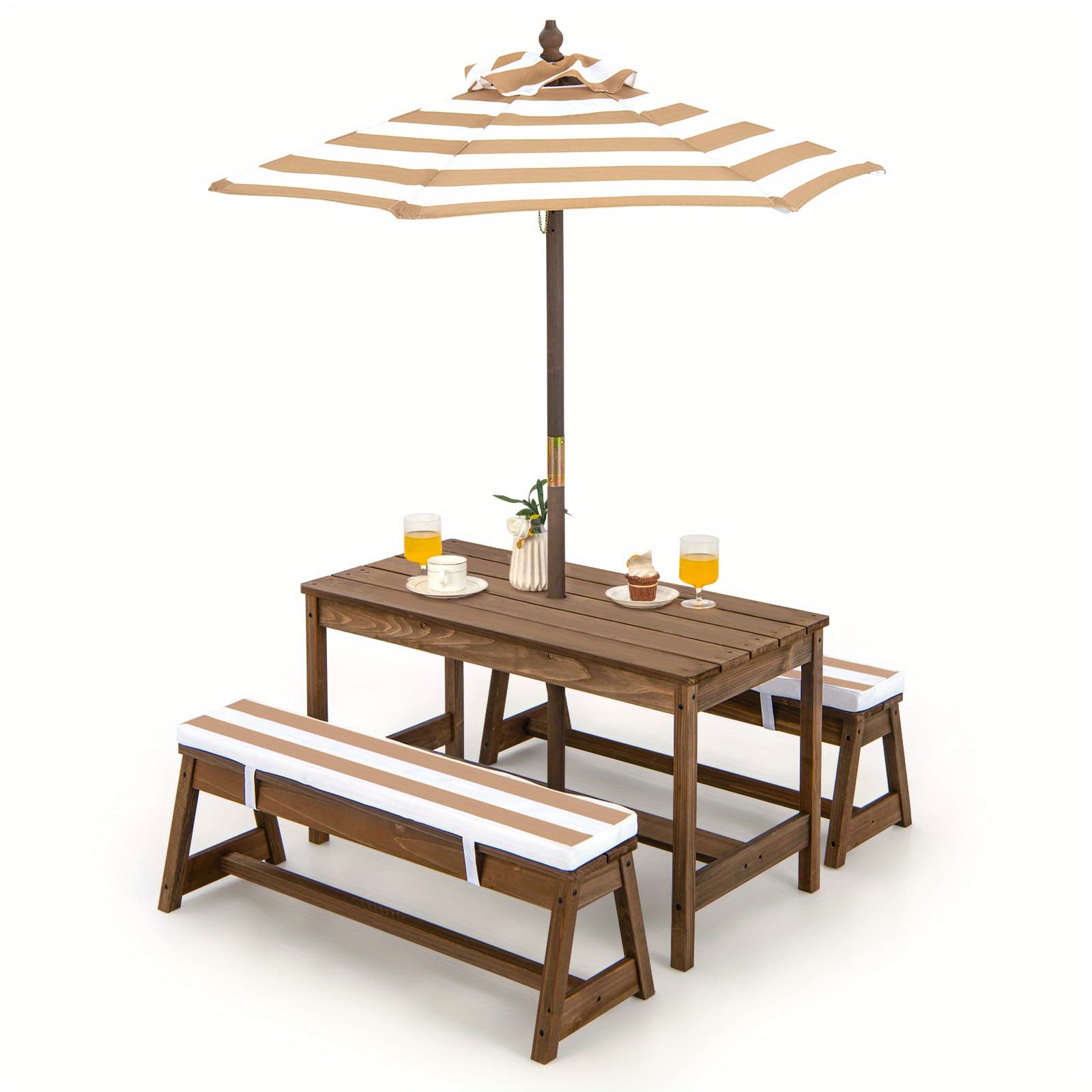 TEMU Kids Wood Picnic Table And Bench Set W/ Cushions Umbrella For Indoor Outdoor