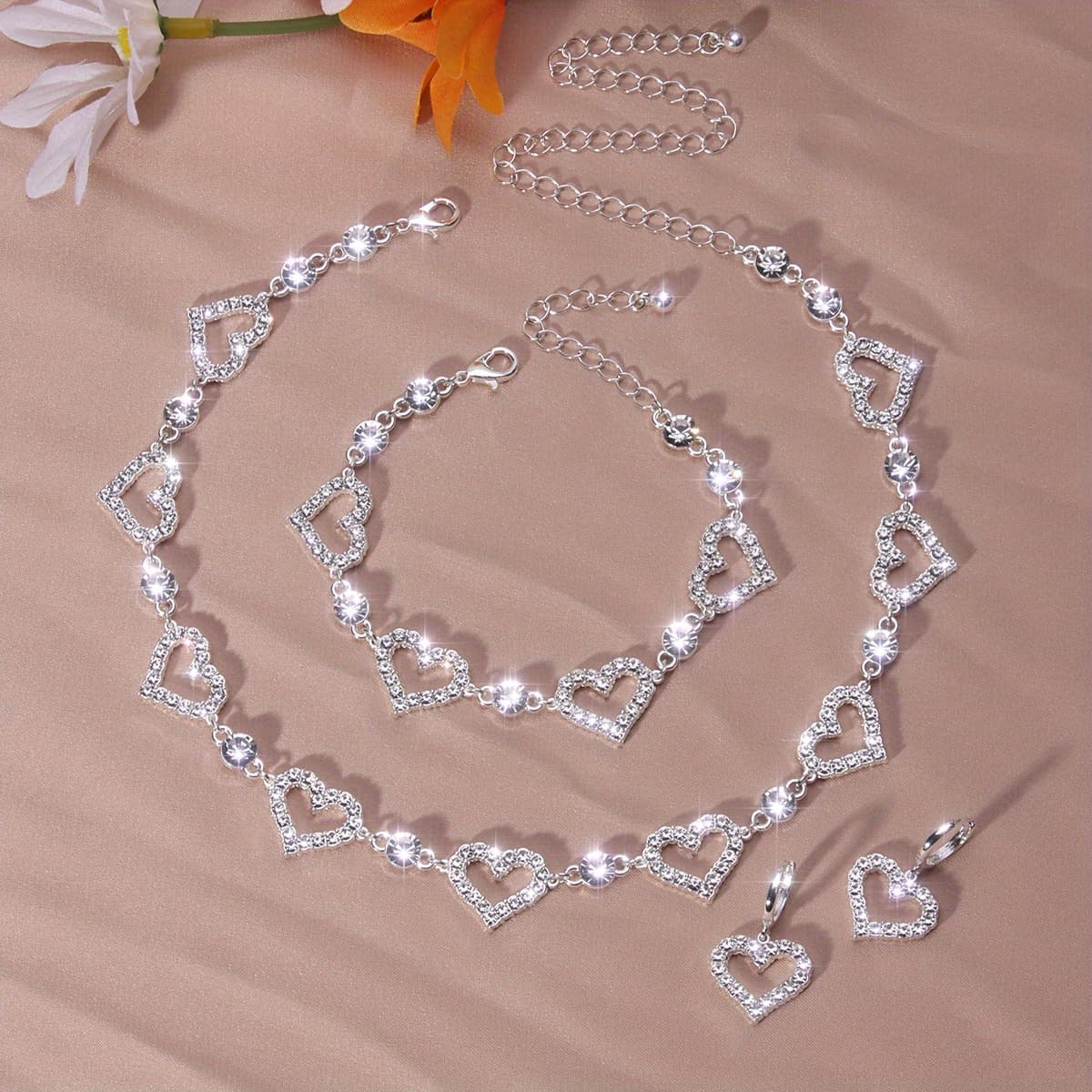 TEMU 4/pcs Valentine's Vintage Heart Jewelry Set Adjustable Necklace, Earrings & Bracelet Set