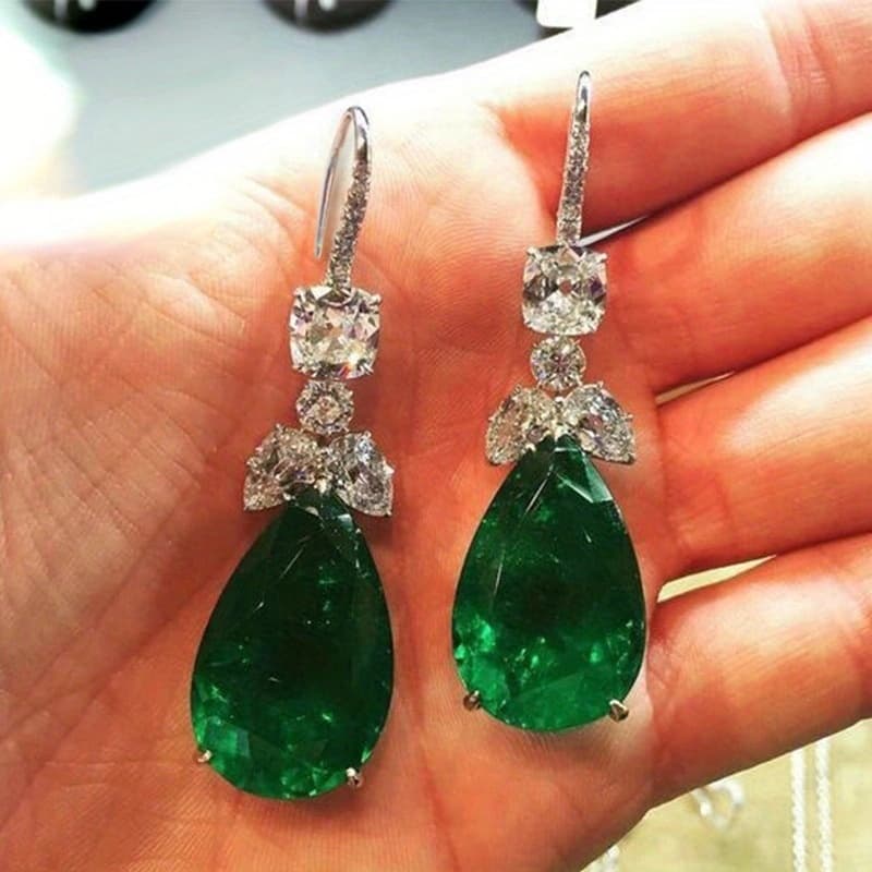 TEMU Exquisite Teardrop Green Zirconia Earrings, 925 Silver Plated Hook Design For Ladies And Brides - Perfect For Weddings And Special Occasions, Retro Style