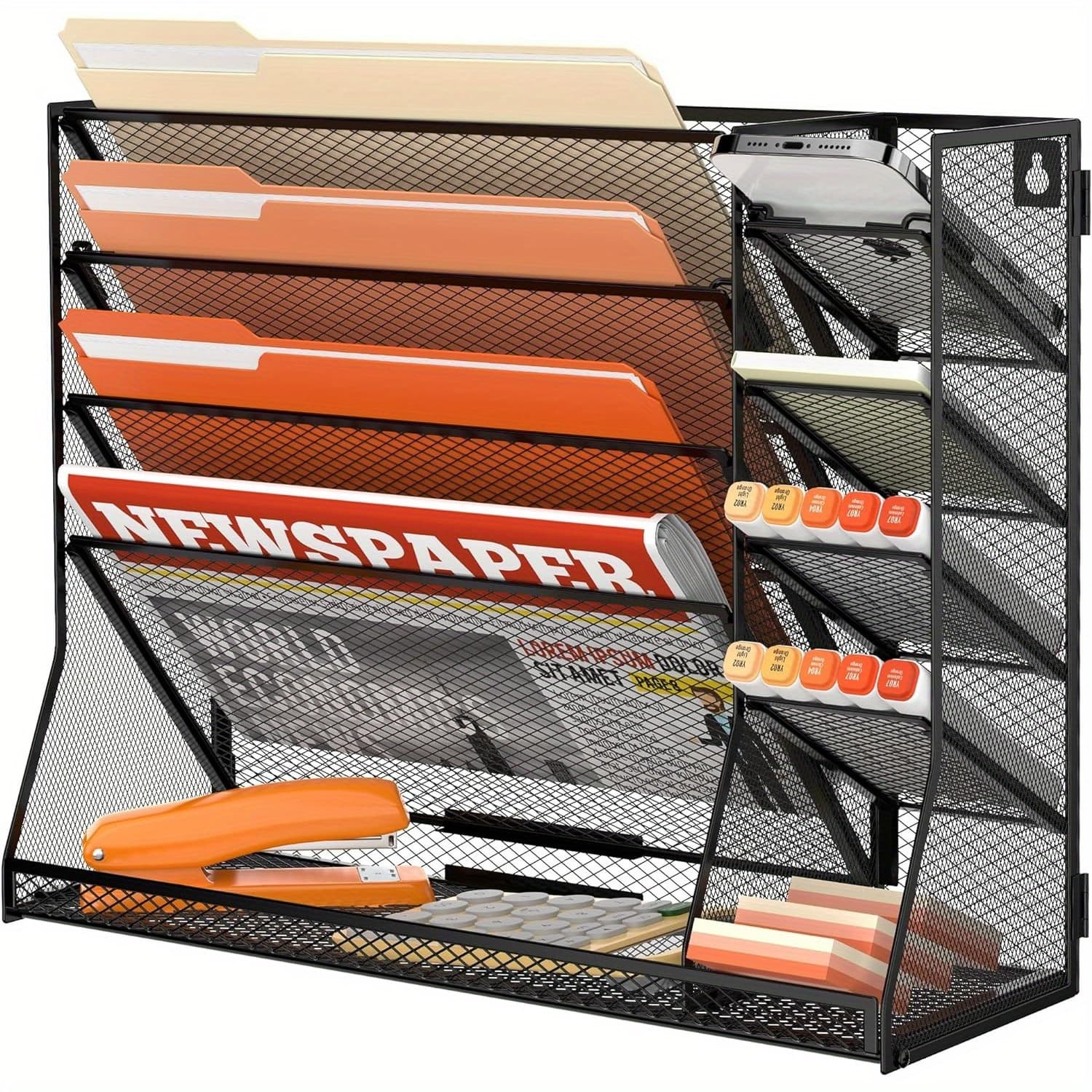 TEMU Jmhud 5-tier Desk Organizer Featuring 4 Slots For Pens, A Wall-mounted File Holder, And Accessories For Office Materials, Complete With An R-shaped Bottom Tray.