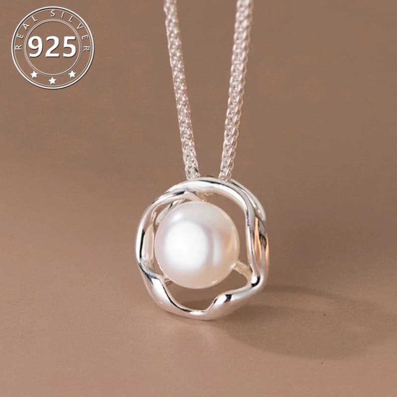 TEMU Elegant 925 Sterling Silver Freshwater Pendant Necklace - Adjustable Clavicle Chain, Vintage Bohemian Style, Ideal Gift For Women, , Any