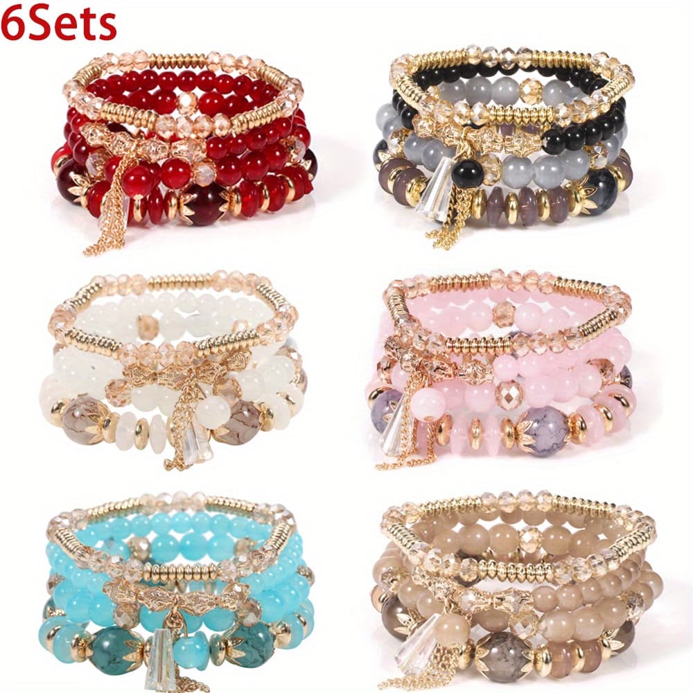 TEMU 6sets Bohemian Colorful Agate & Glass Stackable Bracelets, Chain Tassel Detail Stretch Multilayer Stack Beaded Bracelet Set, Charm Summer Beach Boho Jewelry Ideal Party Gift For Women