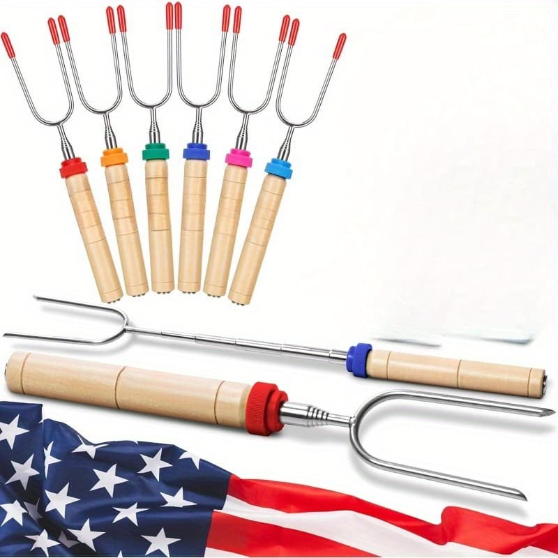 TEMU Collection Of 6 Swiveling S' Skewers - Extended Telescopic For Fire Pits, Campfires & Bonfires - Outdoor Camping Gear