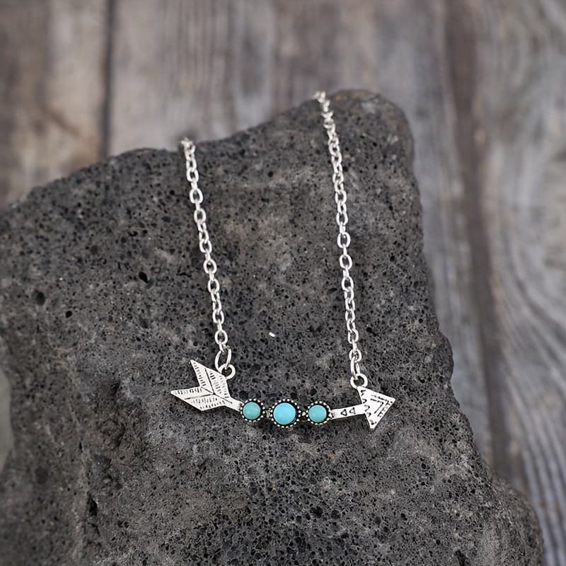 TEMU Vintage Turquoise Arrow Necklace - Silvery Plated Bohemian Style Jewelry For Women, Perfect For Vacations