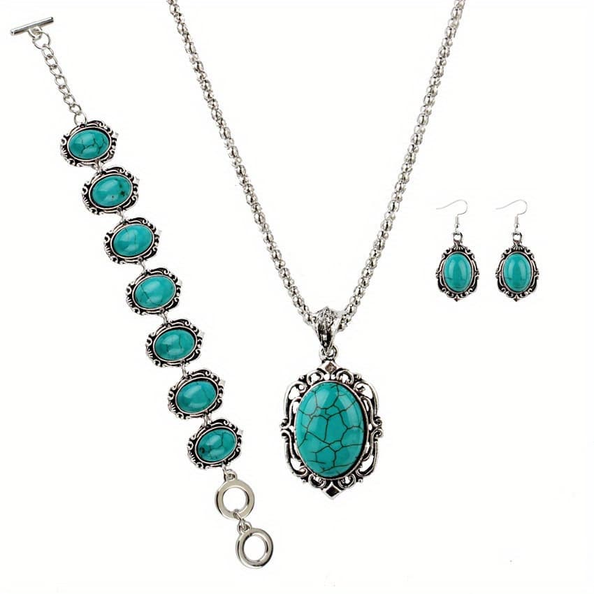 TEMU 4pcs/set Boho Retro Vintage Turquoise Alloy Bracelet Necklace Earrings Set, Ladies Accessories Set Suitable For Holiday Wear, Holiday Bonus