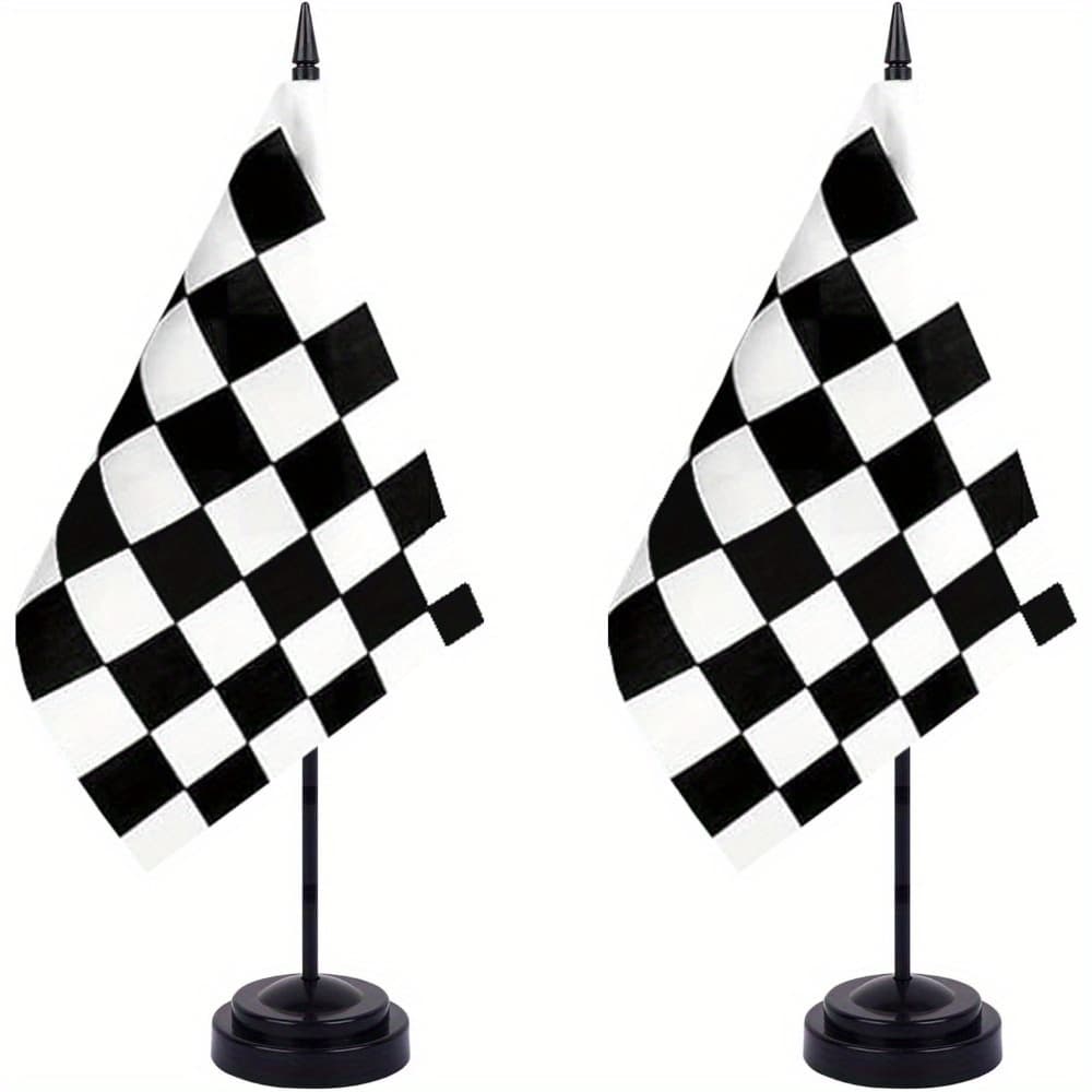 TEMU 2pcs Checkered Black And White Racing Flag Race Car Deluxe Desk Flag Set - Mini Small Racing Table Office Flags With " Solid Pole Stand Base Decorations