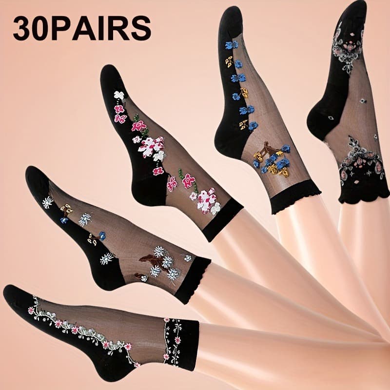 TEMU 30 Pairs Women's Spring&summer Thin Non-slip Embroidered Glass Fiber Breathable Mid-tube Socks Suitable For Women And The Elderly