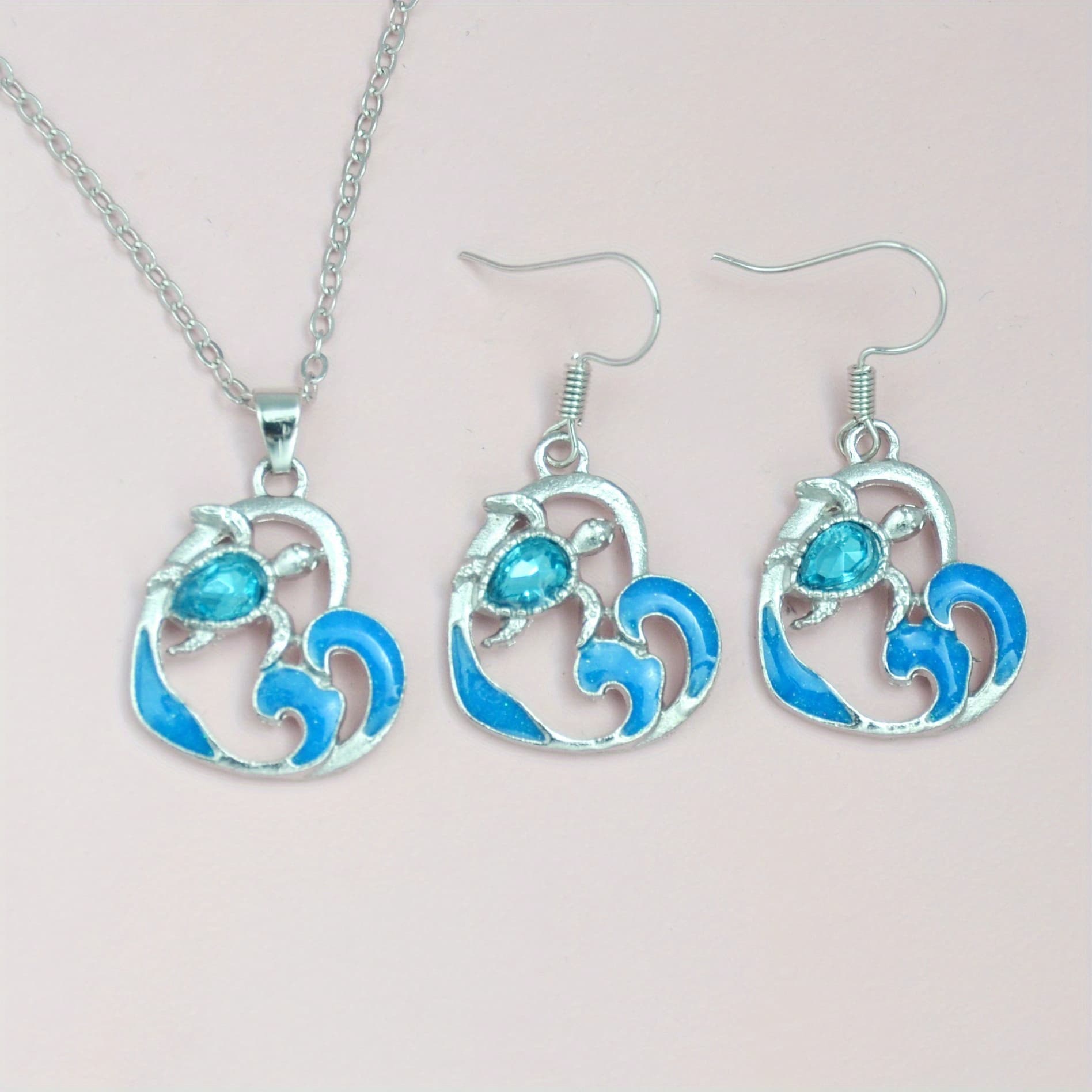 TEMU 3pcs Heart Sea Turtle Pendant Necklace Earring Set Adjustable Neck Chain Jewelry Set, For Teenager