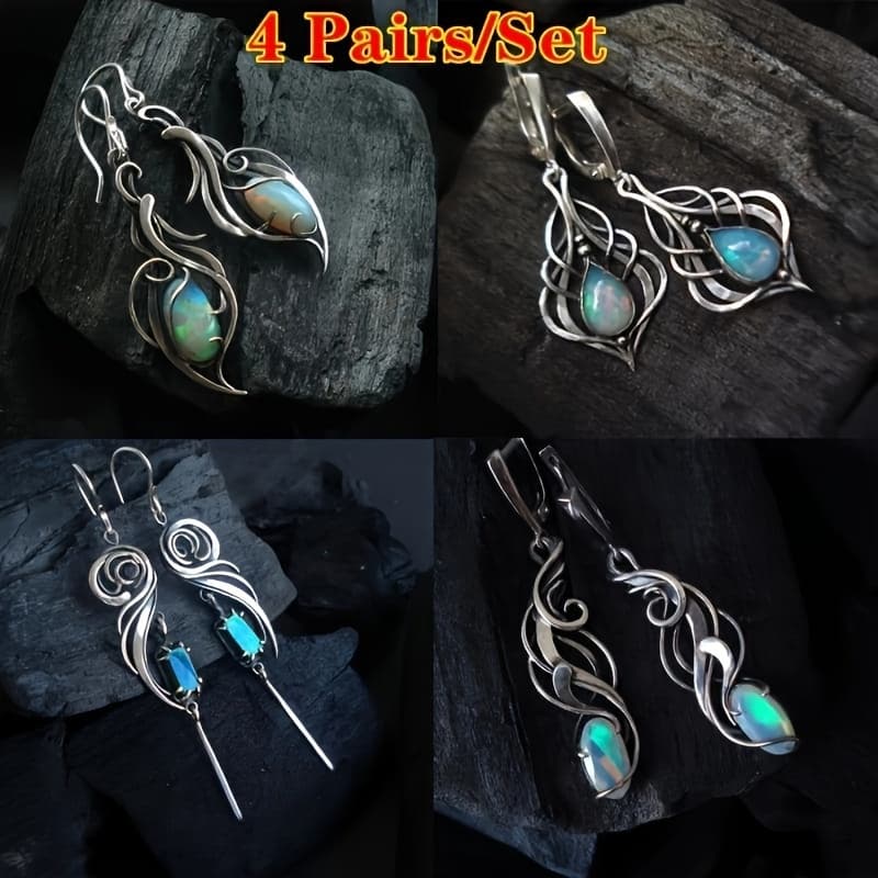 TEMU 4 Pairs/ Set Of Shiny Bohemian Floral Earrings - Silvery Plated Glowing Synthetic Gems - Retro Style, Suitable For , Parties, And
