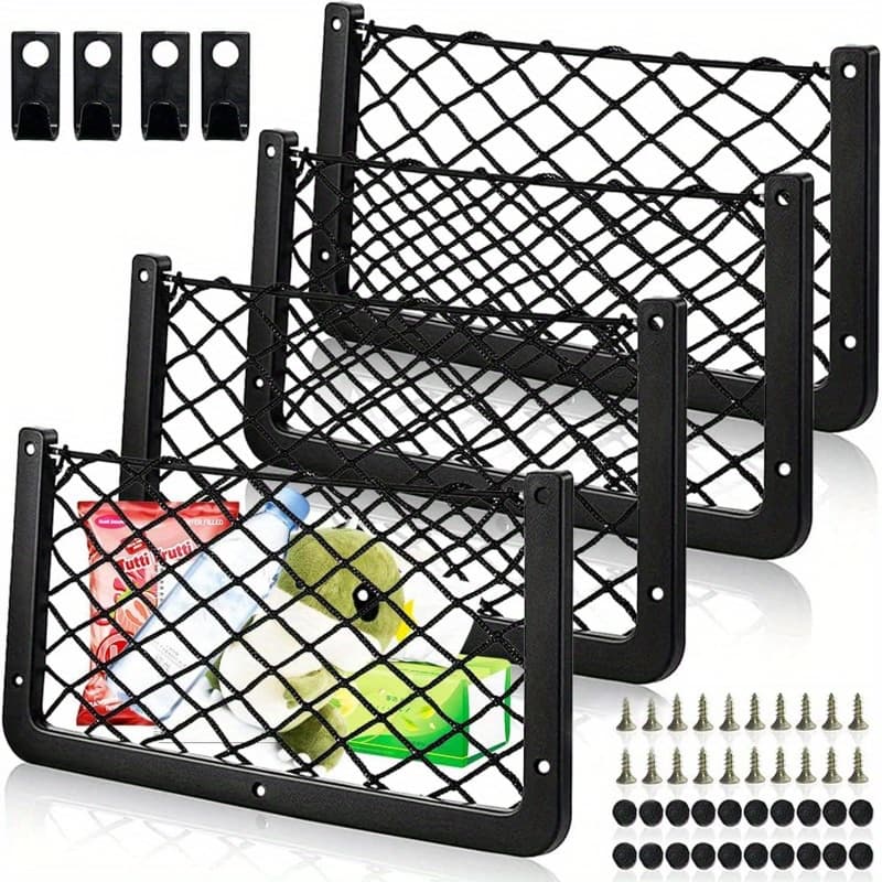 TEMU 4pcs Campervan Storage Nets With Hooks - Durable Elastic Mesh Organizer Pockets For Car, 14x7 Inches - Ideal For Keys, Phones & More