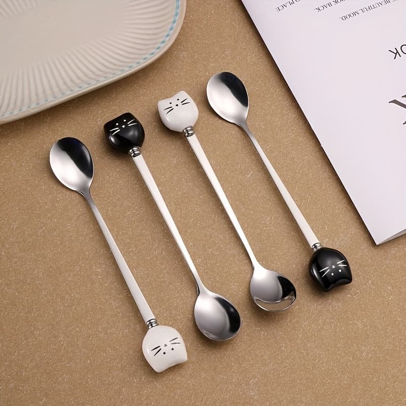 TEMU Set Of 4 Cute Cat Design Coffee & Espresso Stainless Steel Spoons For Kitchen, Dining, Dorm, Outdoor Dinner - Ideal For Ice Cream, Tea, Soup