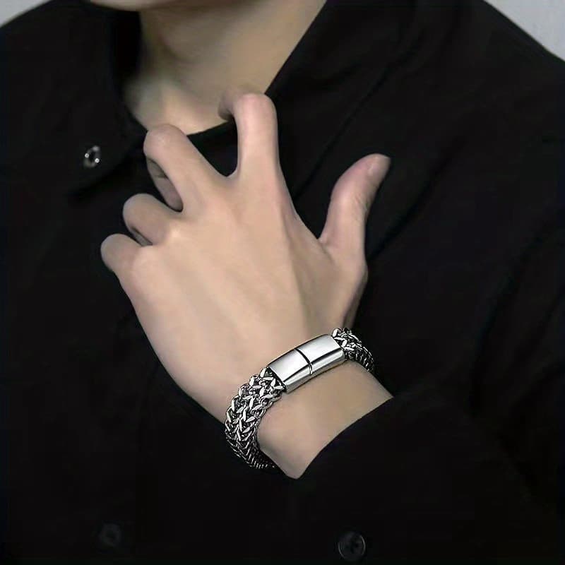 TEMU Men's Stylish Square-shaped Braided Chain Bracelet Made Of Titanium 304l 304l Stainless Steel With A Magnetic Clasp - Sturdy, Hypoallergenic, And Water-resistant - An Ideal Gift For Father's Day