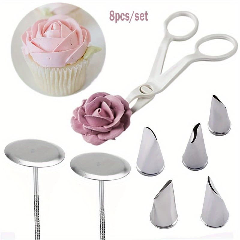 TEMU 8pcs Stainless Steel Cake Decorating Set - Includes Flower Scissors, Tulip & Rose Piping Tips, Fondant Lifter & Icing Spatula For Baking And Pastry