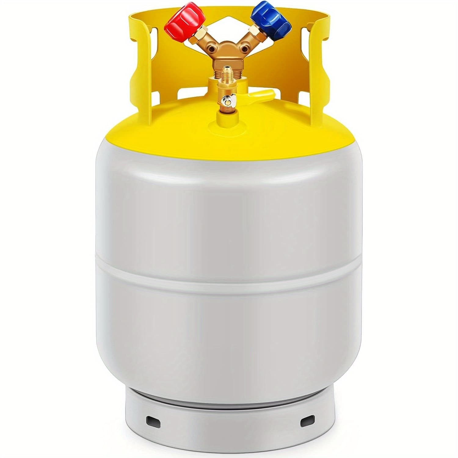 TEMU 30 Lb Capacity Refrigerant Recovery Tank Featuring A Double Valve Collar Design, Reusable Save Valve, And A 14-inch Sae Y Valve In Gray And Yellow