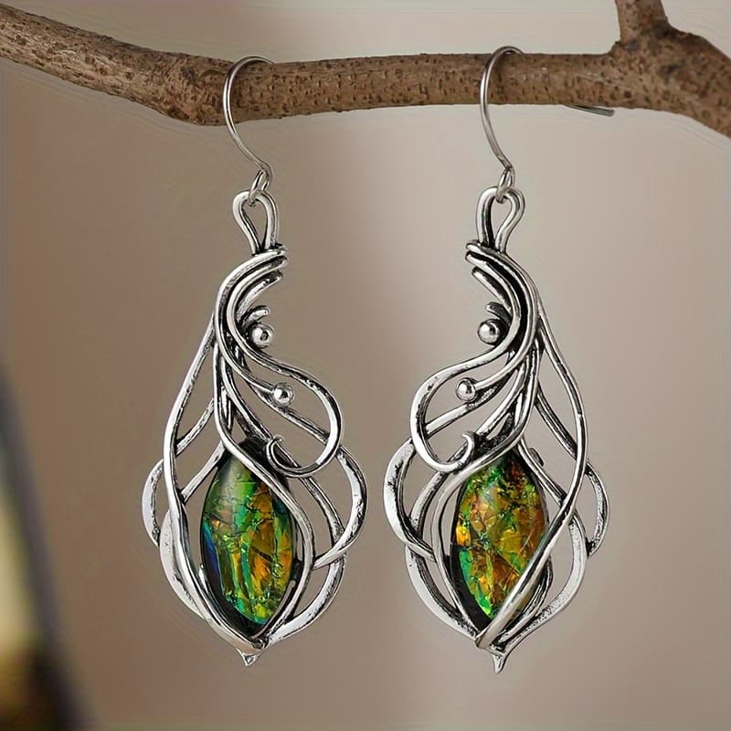 TEMU Elegant Vintage Opal Inlaid Earrings - Perfect For Casual, Dating, Commuting, And Office Outfits