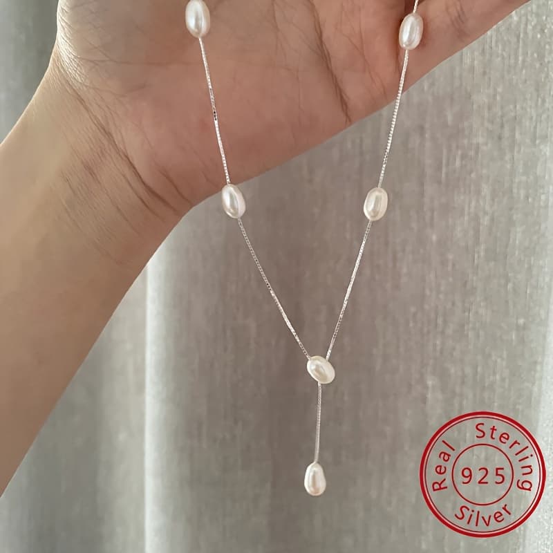 TEMU 925 Pure Silvery Simple Elegant Long Chain Tassel Y-shaped Necklace For Women Birthday Valentine's Day Jewelry Gift