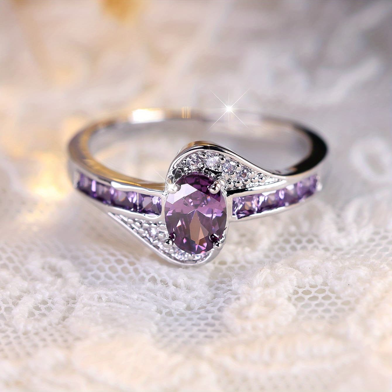 TEMU Exquisite Purple Zirconia Gemstone Birthstone Bride Wedding Engagement Ring