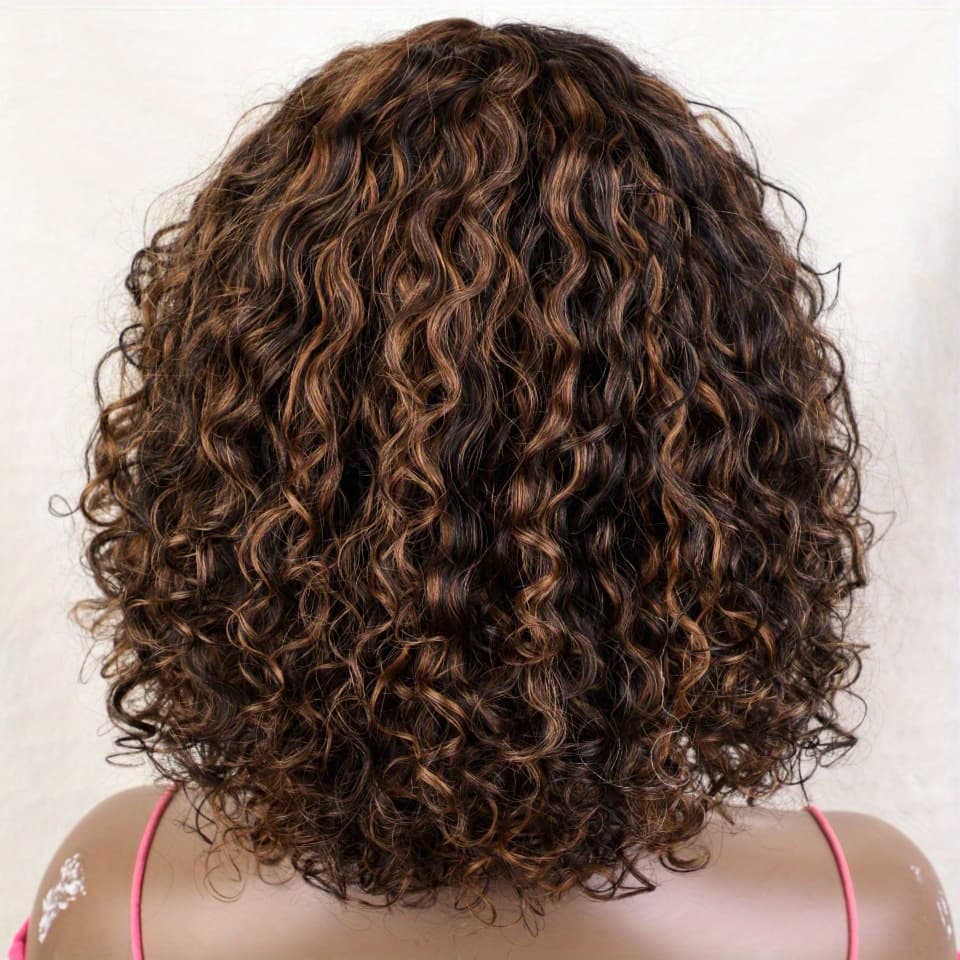 TEMU 10-inch Water Wave Bob Wig With Bangs, Made From Human Hair In Ombre Brown, Featuring A Short Curly Bob Style And 150% Density, No Glue Required (color: Tt1b/33)