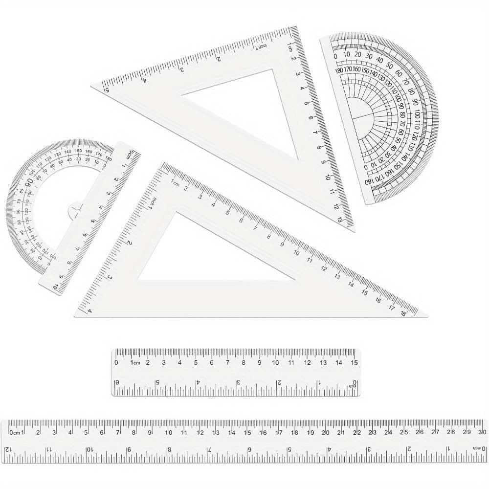 TEMU 6pcs Set - Clear Plastic, & Measurements, Includes 12" & 6" Straight , Protractors, And Triangles For And Use