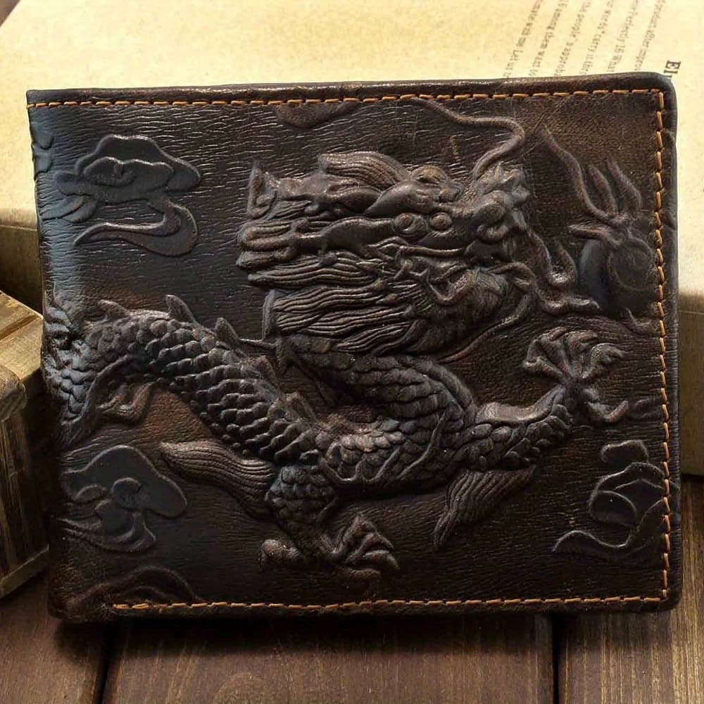 TEMU Vintage Dragon Genuine Leather Bifold Slim Card Holder Money Clip Wallet Purse