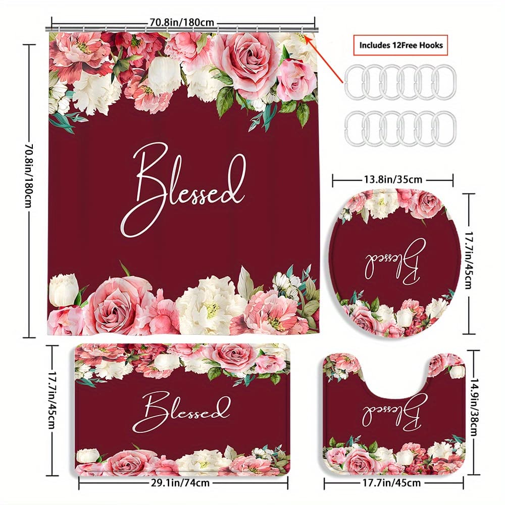 TEMU Set Of 4 Artistic Text And Rose Curtains, A For , Decor, Includes A Shower Curtain And Toilet In -piece Set With 12 Hooks