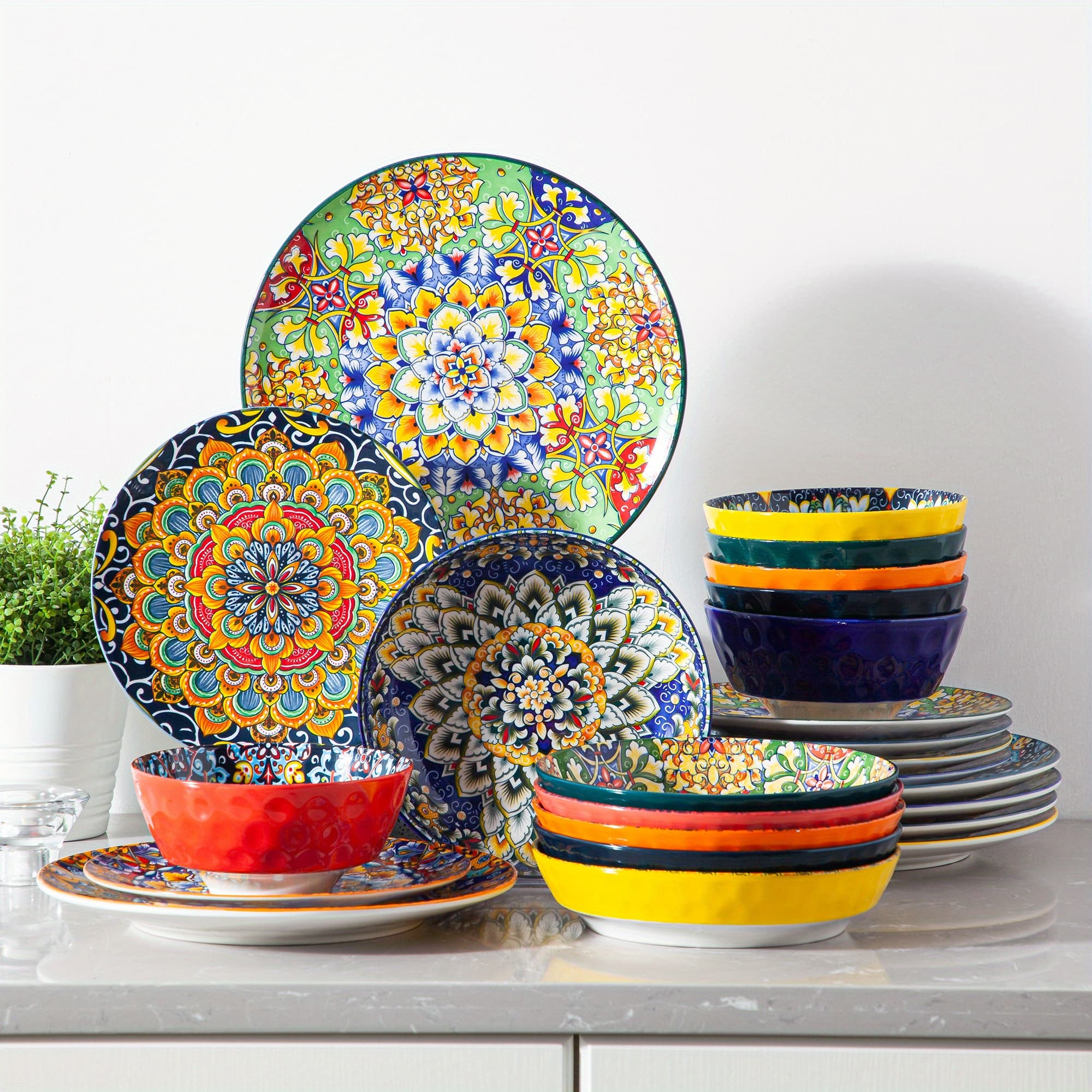 TEMU 24pcs Bohemian Porcelain Dinnerware Sets Suitable For 6 - Plates & Bowls, -resistant Dishwasher & Microwave Dinnerware For Families, Elegant Table Settings, Glossy Dishes