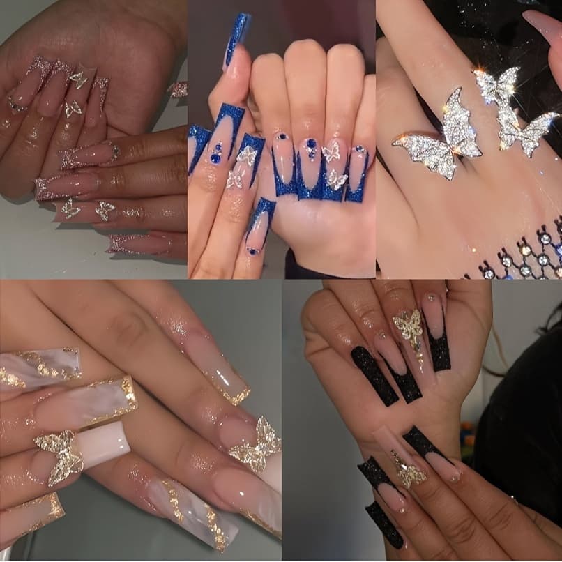 TEMU Set Of 96 Long Press-on Nails Featuring Glossy Ombre Designs, Coffin Shape, And With 3d And Golden Glitter. Artificial Nails Are Perfect For Women Looking For Stylish Stick-on Options