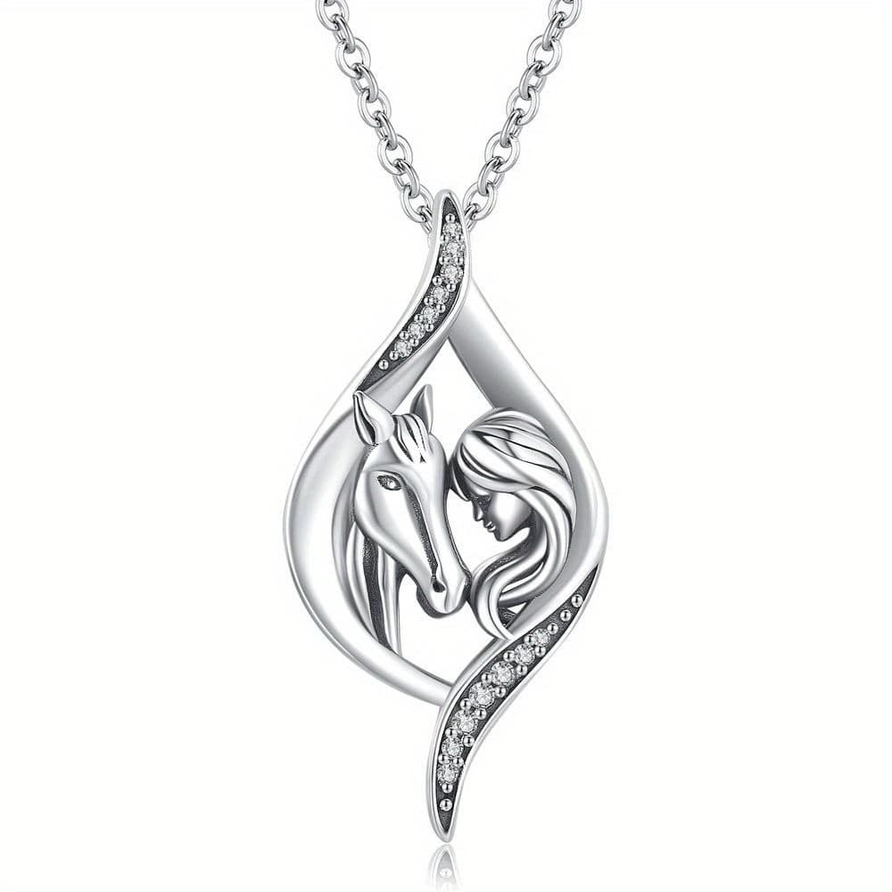 TEMU 1pc 1pc Hollow Geometric Pendant Necklace With Girl & Horse Detail, Exquisite New Year Party Anniversary Gift For Animal Lovers