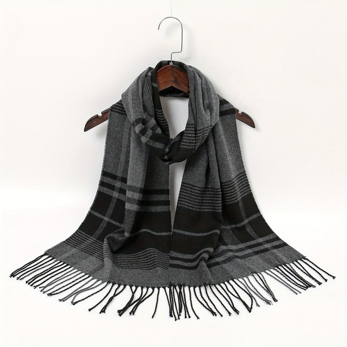 TEMU 1pc Geometric Scarf - Windproof Warm Winter Scarf With Fringe Edges, Unisex Elegant Casual Scarf For , Machine Washable Fall Accessory, Stylish Shawl | | Durable Fabric