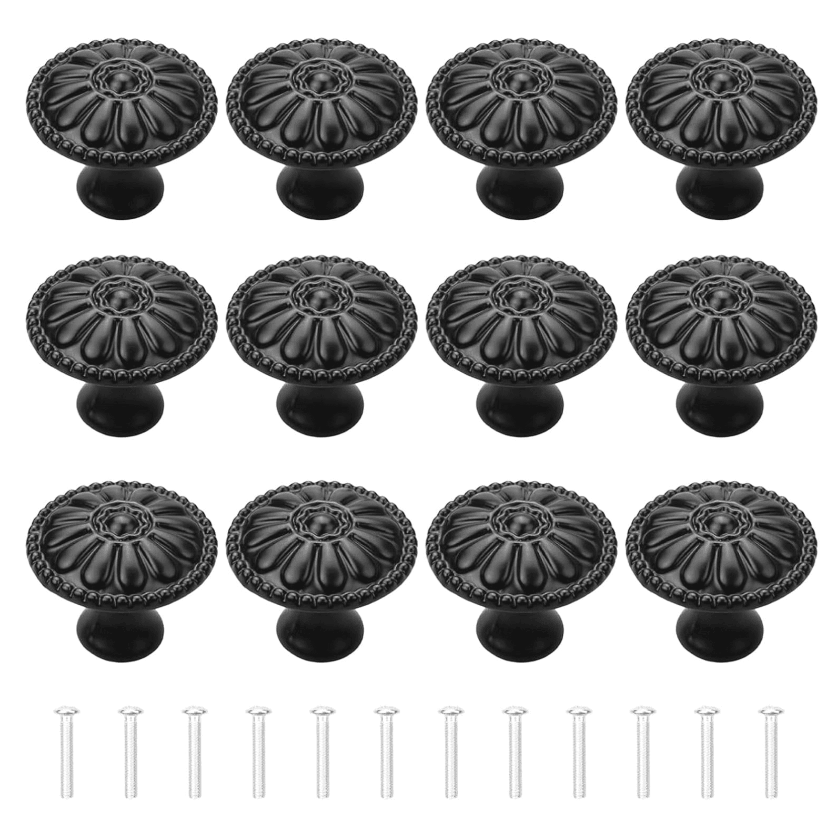 TEMU 12-pack Of Matte Black Kitchen Cabinet Knobs Pulls, Matte Round Farmhouse Dresser Handles Drawer Knobs For Modern Closet Furniture Door, Victorian Floral Pattern