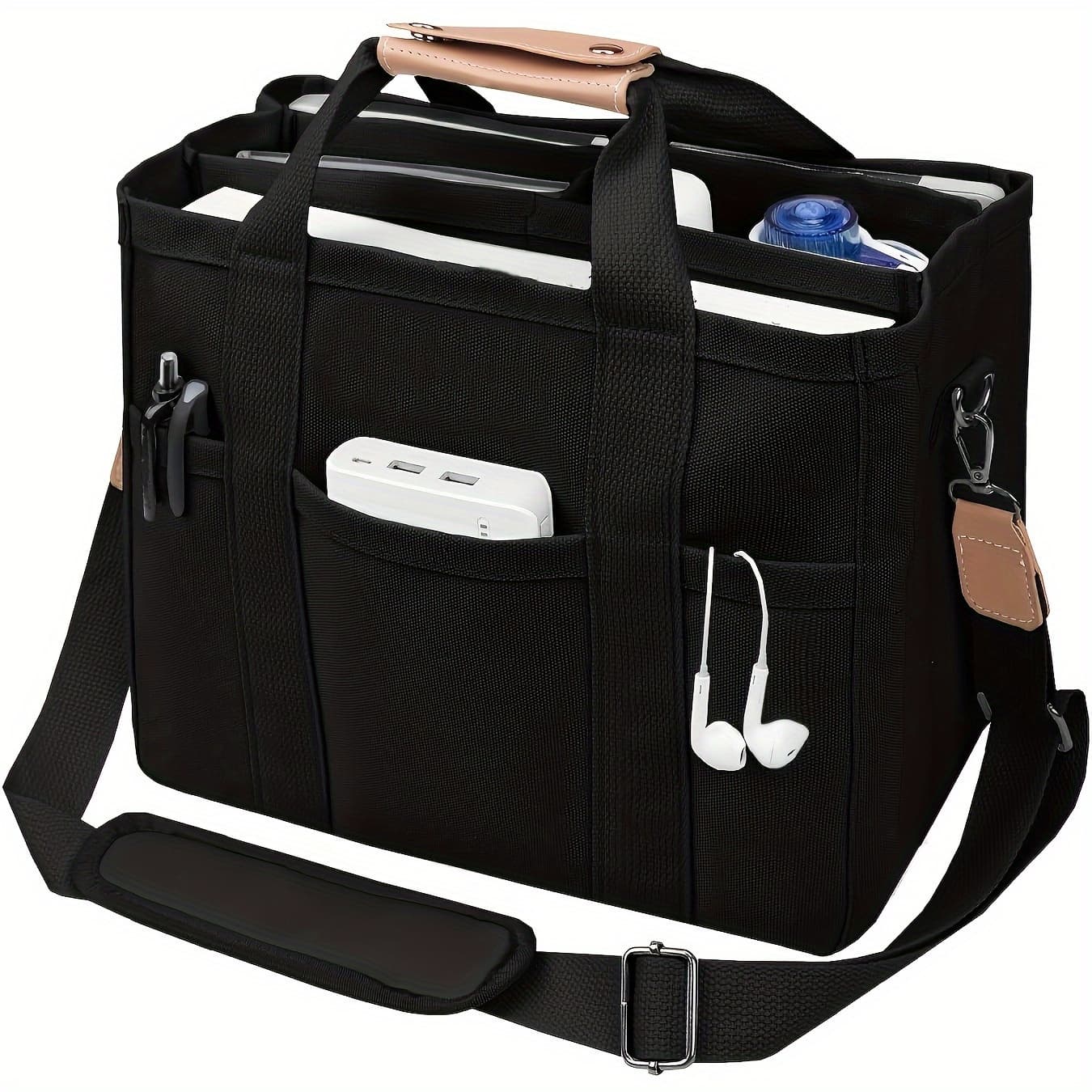 TEMU Spacious Multi-pocket Shoulder Bag Featuring Compartments, Versatile Tote Design, Sturdy Handles, In Beige Color