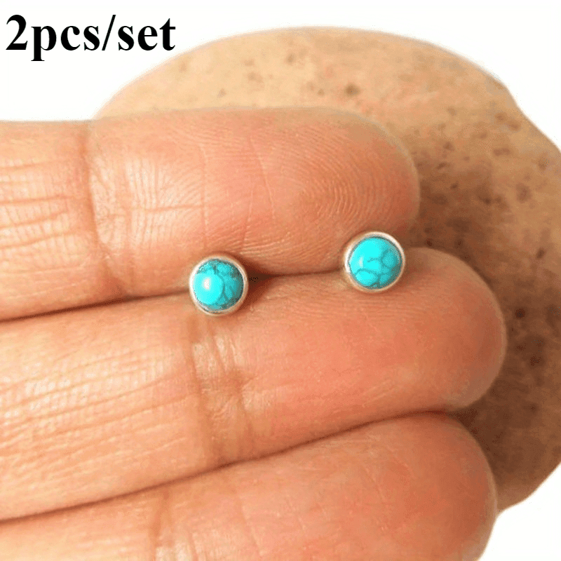 TEMU - Small Tibetan Turquoise Round Shaped Gemstone Stud Earrings