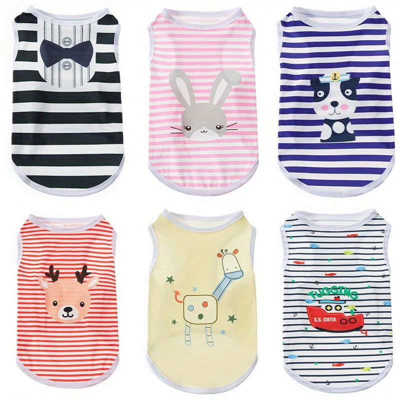 TEMU 6pcs Cute Cartoon Printed Pet Clothing, Striped Vests For Dogs And Cats, Little Dog T-shirts, Breathable Pet Vests