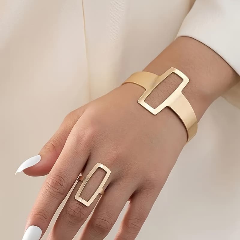 TEMU Retro Style Fashion Simple Geometric Square Jewelry Hollow Ring Bracelet Set Women's Jewelry Gift