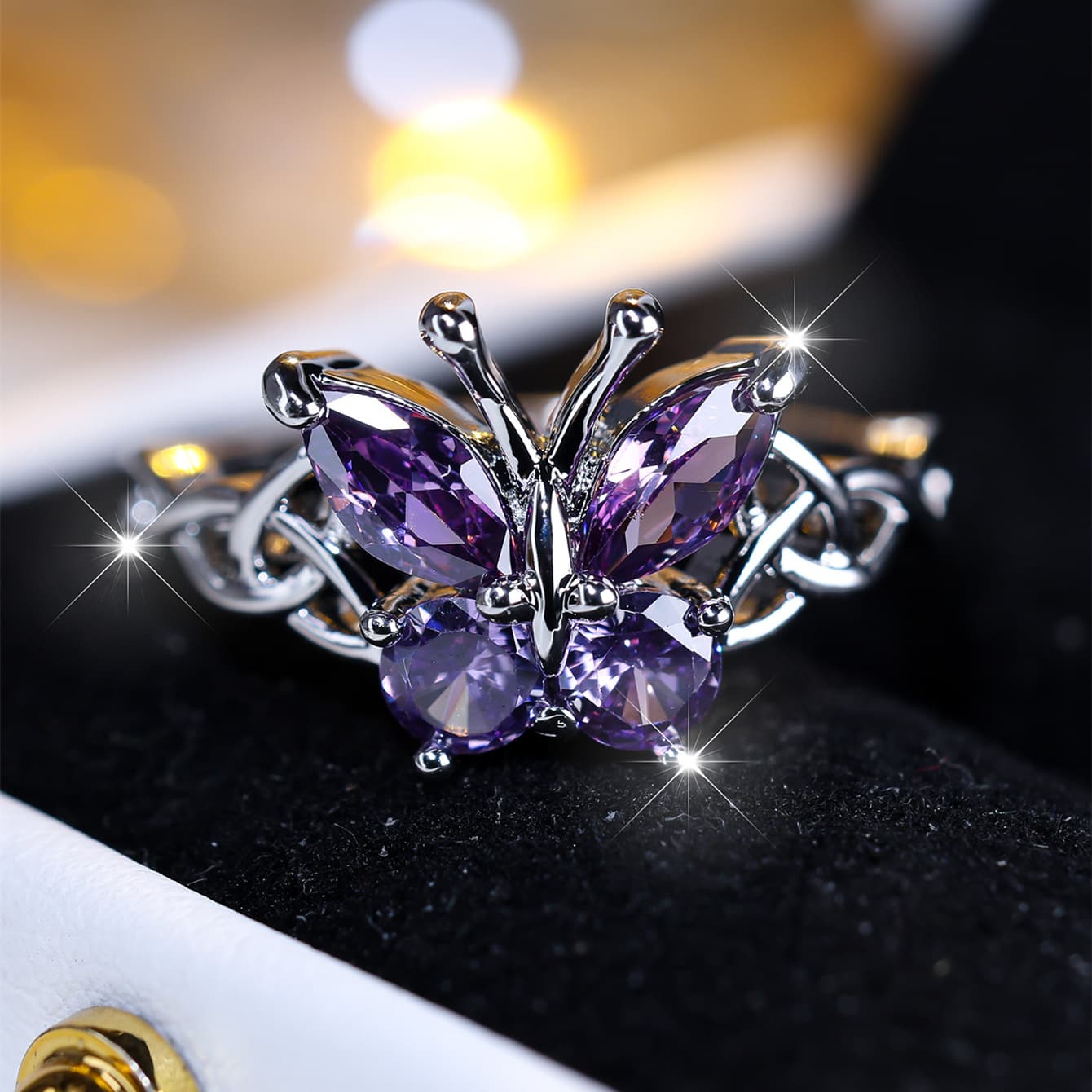 TEMU 925 Sterling Silvery Chic Cocktail Ring, Sparkling Purple Zirconia Ring, Daily Outfits Party Accessory