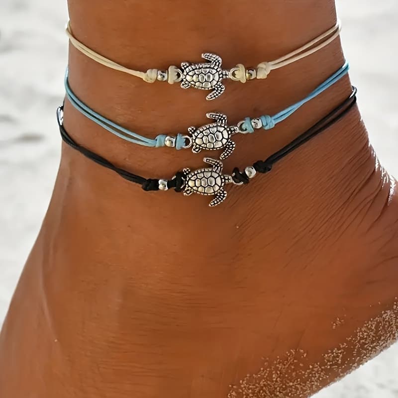 TEMU Set Of 3 Vintage Turtle Hemp Anklets - Stylish , Handmade & Adjustable - Ideal Sun- Look For Women's Everyday Beach Attire, A Considerate Gift Package