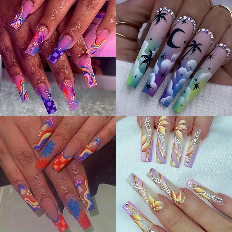 TEMU 96pcs Press On Nails Long Square Fake Nails Matte Glue On Nails Spring Colorful Flower Acrylic Nails Squoval Summer Artificial Nails Stick On False Nails With Design