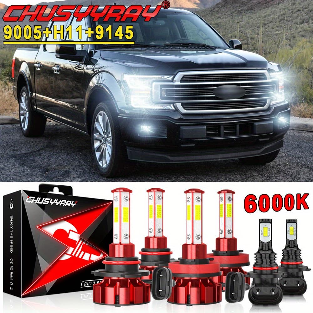 TEMU 6x 6000k Led Bulbs Combo, F150 2015-2019 Led Headlight Bulbs Beam Bulbs+fog Light, 9005 (hb3)+h11+9145 100w 12000lm 6000k Cool White Plug And Play, Pack Of 6