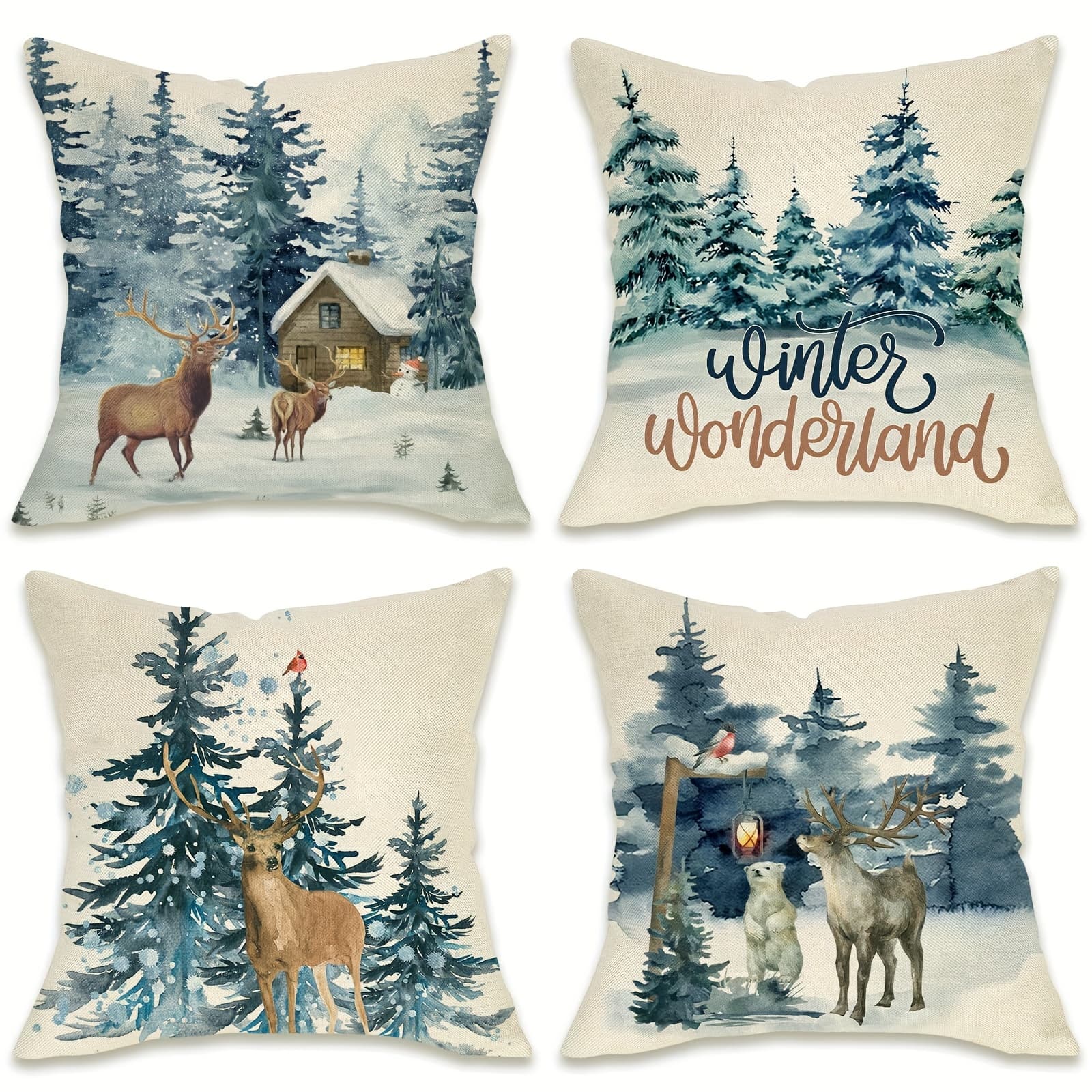 TEMU 4 Pcs Linen Christmas Reindeer And Pillow Covers - Zipper Closure, Machine Washable, Non-woven, Traditional Style - Suitable For All Room Types, Living Room Decor (pillow Inserts Not Included)