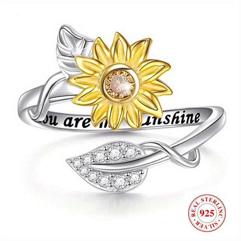TEMU 925 Sterling Silvery Ring - Exquisite Sunflower Design, Silvery Leaf Inlaid With, Engraved With Letters, Elegant Vacation Gift For Her, For Teenager