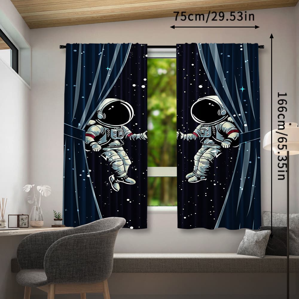 TEMU 2pcs, Black Curtains Astronaut Space Astronaut Curtains, Planets Adventure Decorative Window Drapes, Rod Pocket Window, For Bedroom Living Room, Home Decoration, Room Decoration, (without Rod)